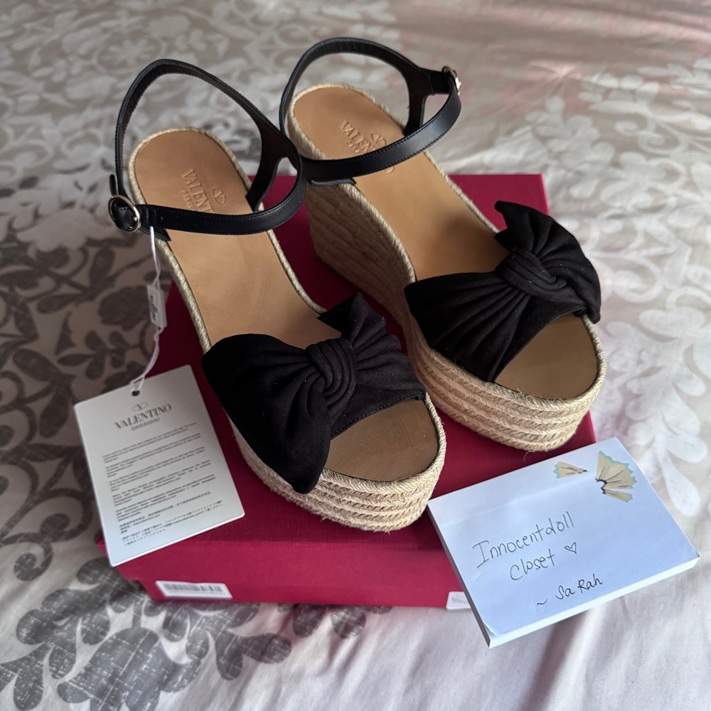 Valentino Black Wedge Sandals with Bow Detail